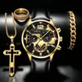 Luxus Herren Gold Quarz Uhr Set mit Lederarmband Kreuz Halskette Ring Armband - Gold Schwarz mit Schmuckset (Keine Box)