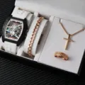 Luxury Men Watch Set Skeleton Dial Rubber Strap Bracelet Necklace Ring Gift Box Fashion - White Style (Without Box)
