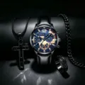 Herren Luxus Quarzuhr mit schwarzem Lederarmband blauem Zifferblatt Detailaufnahme Lifestyle - Schwarz Blau mit Schmuckset (Keine Box)