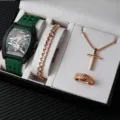 Detailed view of the luxury tonneau skeleton watch and rose gold jewelry gift set with cross. - Green Style (Without Box)