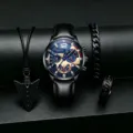 Herren Quarz Uhr Set mit Halskette Armband Ring stilvolle Business Zubehoer Geschenke - Schwarzes Gehäuse Blaues Zifferblatt