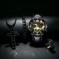 Detailansicht Herren schwarzes Quarzarmbanduhr Geschenkset mit Kreuz Halskette Armband Ring. - Schwarz Gold mit Schmuckset (Keine Box)