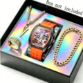 Mens 4-piece luxury watch and jewelry set with silicone strap and cross necklace. - Style 2 / Orange