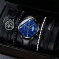 Herren Quarzarmbanduhr Geschenkset mit blauem Zifferblatt, Datum und modischen Leder Armbändern. - Schwarzes Armband Blaues Zifferblatt mit Ornamenten (Ohne Box)
