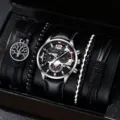 Coffret cadeau montre quartz homme élégante et bracelets avec bracelet en cuir classique. - Cadran Argent Noir Montre avec Quatre Bracelets Ensemble / Ensemble de Bijoux (Sans Boîte) / Noir Argenté