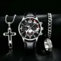Herren Quarz Uhr Schmuck Set mit Lederarmband, Kreuz Halskette, Kette Armband und Ring. - Silber Schwarz mit Schmuckset (Keine Box)