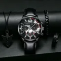 Nahaufnahme des luxuriösen Herren-Quarzuhr-Sets mit schwarzem Lederarmband und Accessoires. - Black Case Silver Dial