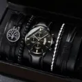 Herren Quarz Uhr Geschenk Set mit mehreren Armbändern schwarzes Lederband Luxus Box. - Schwarzes Armband Schwarzes Gehäuse Goldene Zeiger mit Ornamenten (Ohne Box)