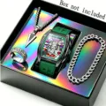 Men's 4-piece fashion jewelry set with quartz watch necklace ring and bracelet. - Style 3 / Green
