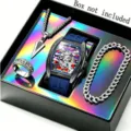 Men quartz watch silicone strap necklace ring bracelet 4-piece jewelry gift set detail - Style 4 / Blue