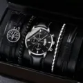 Herren Quarzarmbanduhr und Armband Geschenkset mit schwarzem Zifferblatt und Lederarmband - Schwarzes Armband Schwarzes Gehäuse Silberne Zeiger mit Ornamenten (Ohne Box)