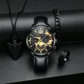 Herren Quarzarmbanduhr Set mit schwarzem Lederarmband, Kette, Armband und Ring. Modisches Geschenk. - Schwarzes Gehäuse Goldzifferblatt