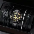 Coffret cadeau montre quartz homme et quatre bracelets, bracelet cuir noir élégant. - Cadran Noir Or Montre avec Quatre Bracelets Ensemble / Ensemble de Bijoux (Sans Boîte) / Noir & Or