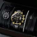 Herren Quarzarmbanduhr und Armband Set mit schwarzem Zifferblatt und goldenem Gehäuse. - Schwarzes Armband Goldene Gehäuse Schwarzes Zifferblatt mit Ornamenten (Ohne Box)