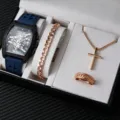 Men luxury skeleton watch set with cross necklace bracelet ring gift box stylish sports quartz - Blue Style (Without Box)