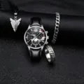 Herren Quarzarmbanduhr Schmuckset mit schwarzem Lederarmband, Kette, Armband und Ring. - Silbernes Gehäuse Silbernes Zifferblatt