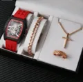Men luxury tonneau skeleton quartz watch gift set with bracelet necklace ring variant - Red and Black Style (Without Box)