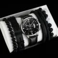Herren Quarzuhr Set mit schwarzem Lederarmband und Perlenarmbändern Detailansicht. - Schwarzes Armband Silbernes Gehäuse Silberner Zeiger Mit Zubehör