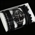 Herren schwarzes Quarzuhren-Set mit mehreren geflochtenen Leder- und Perlenarmbändern. - Schwarzes Armband Schwarzes Gehäuse Roségold Zeiger Mit Zubehör
