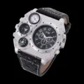 Ανδρικό τακτικό ρολόι quartz με μεγάλη καντράν θερμόμετρο και πυξίδα μαύρο δερμάτινο λουράκι - Μαύρο Λουράκι Ασημί Καντράν 2