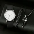 Men quartz watch set with minimalist dial, braided leather bracelet and crystal pendant necklace. - White Watch + Woven Bracelet + Bullet Necklace / Three-Piece Set / White