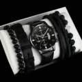 Detailaufnahme von Herren schwarzer Quarz Uhr und Perlen Lederarmband Set in Geschenkbox. - Schwarzes Armband Schwarzes Gehäuse Goldener Zeiger Mit Zubehör