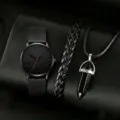 Men stylish black quartz watch set with braided leather bracelet and bullet pendant - Black Watch + Woven Bracelet + Bullet Necklace / Three-Piece Set / Black