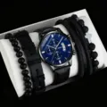 Herren Quarzuhr und Lederarmband Set mit blauem Zifferblatt und Kreuz Anhänger für Männer. - Schwarzes Armband Blaues Zifferblatt Mit Zubehör