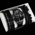 Men's black quartz watch set with stylish leather strap and stackable beaded bracelets. - Black Strap Black Case Silver Pointer With Accessories
