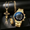 Heren goud horloge set kwarts chronograaf roestvrij staal ketting armband halsketting ring - Vierdelige Set (Horloge+Ketting+Armband+Ring) / Goud