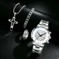 Heren luxe kwarts horloge set met roestvrij staal kruis ketting armband ring set - Vierdelige Set (Horloge+Ketting+Armband+Ring) / Zilveren Kast Witte Wijzerplaat