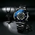 Heren roestvrij staal quartz horloge set met kruis ketting en ring, zwarte chronograaf wijzerplaat. - Vierdelige Set (Horloge+Ketting+Armband+Ring) / Zwart