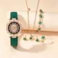 Elegantes gruenes Quarzarmbanduhr und Herz Kristall Schmuckset fuer Damen Geschenk. - Uhr Schmuck Kombi (Ohne Box) / Grün