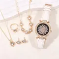 Women's quartz watch jewelry set with crystal flower dial and heart necklace earrings. - Watch Jewelry Combo (No Box) / White