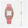 Montre à quartz carrée en strass avec bracelet en cuir rose et un joli bracelet coeur. - Rose (Sans Boîte)