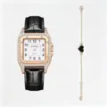 Détail montre carrée strass or rose avec bracelet cuir noir et bracelet pendentif cœur. - Noir (Sans Boîte)