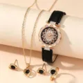 Damen Mode Quarz Uhr Schmuck Set mit schwarzem Lederarmband und glitzerndem Strass Zifferblatt. - Uhr Schmuck Kombi (Ohne Box) / Schwarz