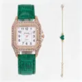 Élégante montre à quartz carrée avec bracelet en cuir vert et lunette strass, avec bracelet cœur. - Vert (Sans Boîte)