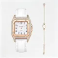 Montre quartz femme carrée avec lunette en strass, bracelet en cuir blanc et bracelet cœur - Blanc (Sans Boîte)