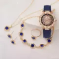 Luxury women quartz watch jewelry set with blue crystal floral dial, necklace, bracelet, ring. - Watch Jewelry Combo (No Box) / Blue