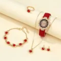 Vintage red quartz watch and heart jewelry set for women, elegant fashion gift watch. - Watch Jewelry Combo (No Box) / Red