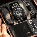 Herren Quarz Uhr Geschenkset mit Brieftasche Armband Ring Halskette in eleganter Box stil - Schmuckset (Ohne Box) / Schwarz