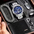 Herren Geschenkbox Uhrenset Quarz Edelstahlarmband Armband Kette Geldbörse Business - Silber 6-Teiliges Set / Silberne Kollektion (Ohne Box)
