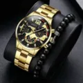 Detailed view of gold men quartz watch and black bead bracelet set, luxury fashion design. - Gold Gold With Bracelet (No Box)