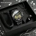 Set orologio uomo quarzo lusso affari quadrante scheletrato nero, bracciale e collana croce. - Stile 2 Accessori Neri
