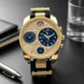 Herren Quarz Uhr gross Zifferblatt Dual Zeitzone Freizeit Sport Uhr Silikon Armband Detail - Goldblau