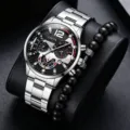 Men's Stainless Steel Quartz Watch with Black Bead Bracelet Set Business Fashion Chic - Silver White With Bracelet (No Box)