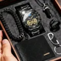 Set regalo uomo orologio al quarzo nero portafoglio bracciale collana anello elegante box - Stile Oro Nero Con Accessori