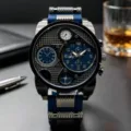 Close-up detail of large dial quartz watch with multi-subdials and blue silicone strap. - Black Blue