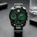 Men's quartz watch featuring a large dual time zone dial and green silicone strap. - Black Green